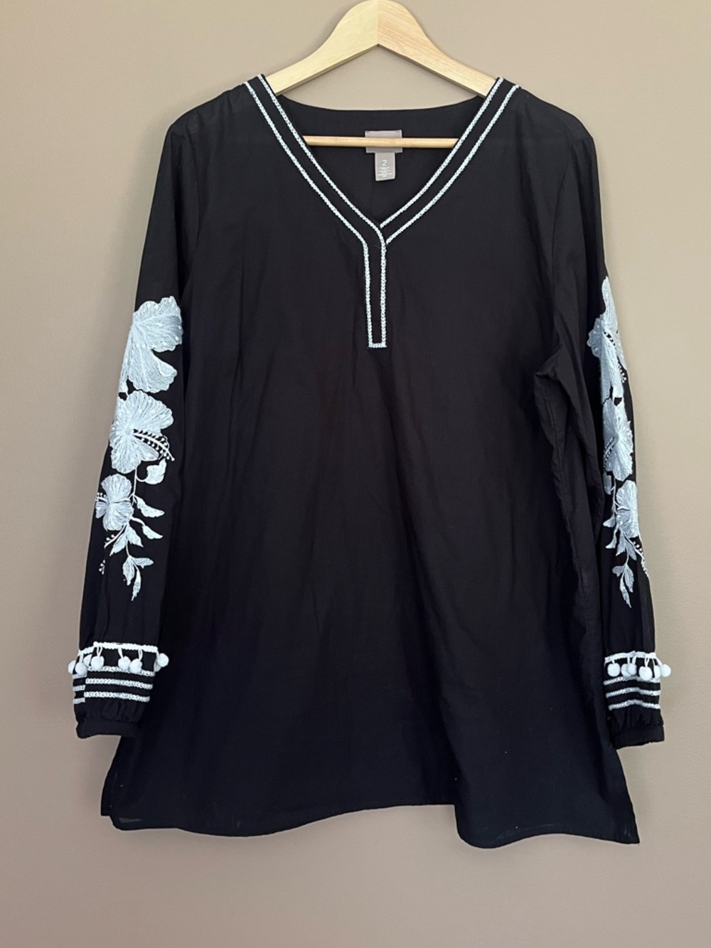 {Chico's} Long Sleeve Cotton Embroidered Tunic Top - Womens Large